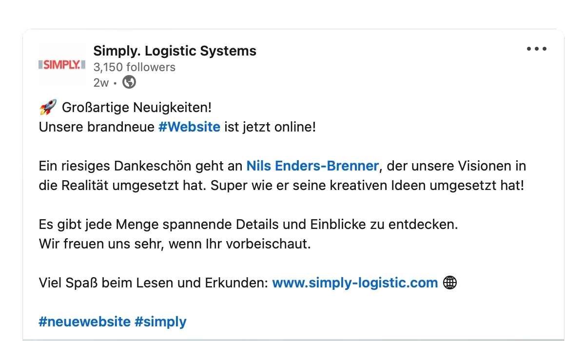 Screenshot des LinkedIn-Posts von SIMPLY. Logistic Systems zum Website-Launch